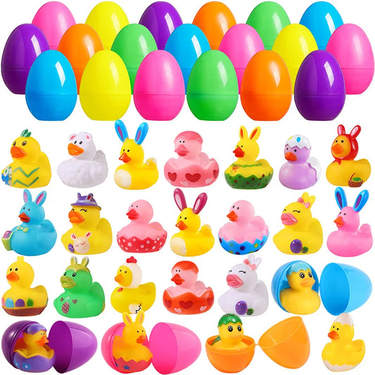 24 Pcs Easter Rubber Ducks Mini Bathtub Duckies Filled Easter Eggs with Rubber Duck Duckies Basket Stuffers Party Favors