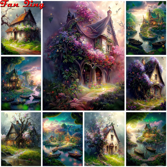 2023 New 5d Diy Diamond Painting Forest House Full Square Diamond Embroidery Dream Landscape Flowers Mosaic Cross Stitch Kit A87