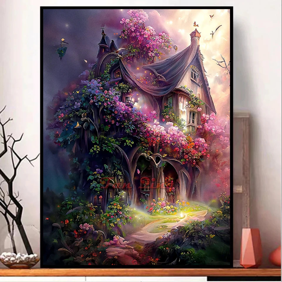 2023 New 5d Diy Diamond Painting Forest House Full Square Diamond Embroidery Dream Landscape Flowers Mosaic Cross Stitch Kit A87