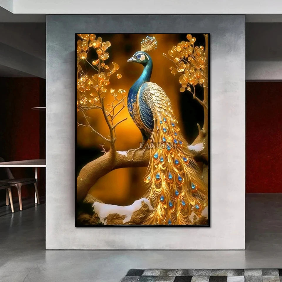 5D Diamond Painting New Golden Red Peacock Cross Stitch Animal Diamond Embroidery  Mosaic Rhinestone Pictures Home Decor A134
