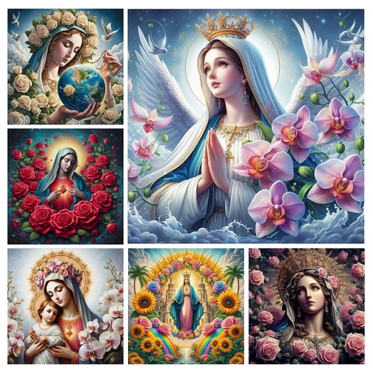 Diamond Painting Virgin Mary Flower Diy Full Mosaic Embroidery Rhinestone Kits Religious Icon Blessing Rose Picture Wall Decor