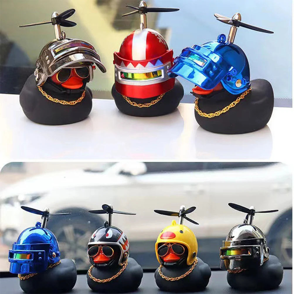 Rubber Duck Black Bicycle Decorations Car Dashboard Ornaments with Propeller Helmet Glasses and Gold Chain Bike Accessories