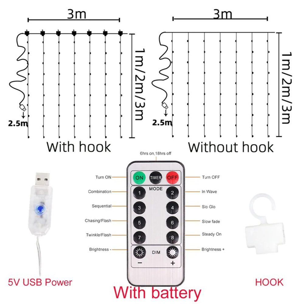 USB Powered Remote Controlled LED Light Curtain with Hook- White, Warm White, and Colorful_9