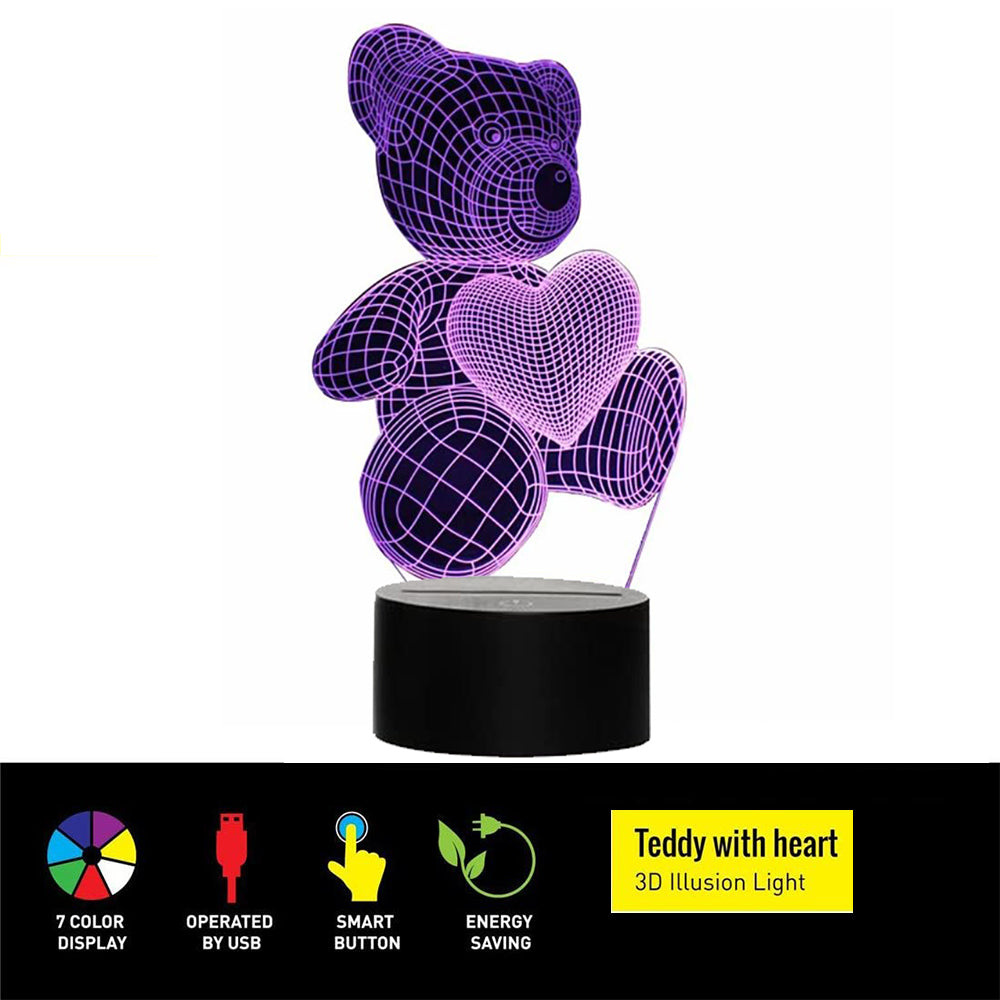 3D Acrylic Teddy Bear 7 Color Bedside Table Light- USB Powered_5
