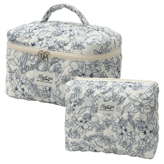 Quilted Floral Makeup Bag Set for Travel Coquette Aesthetic Cosmetic Bags (2-Piece)_0