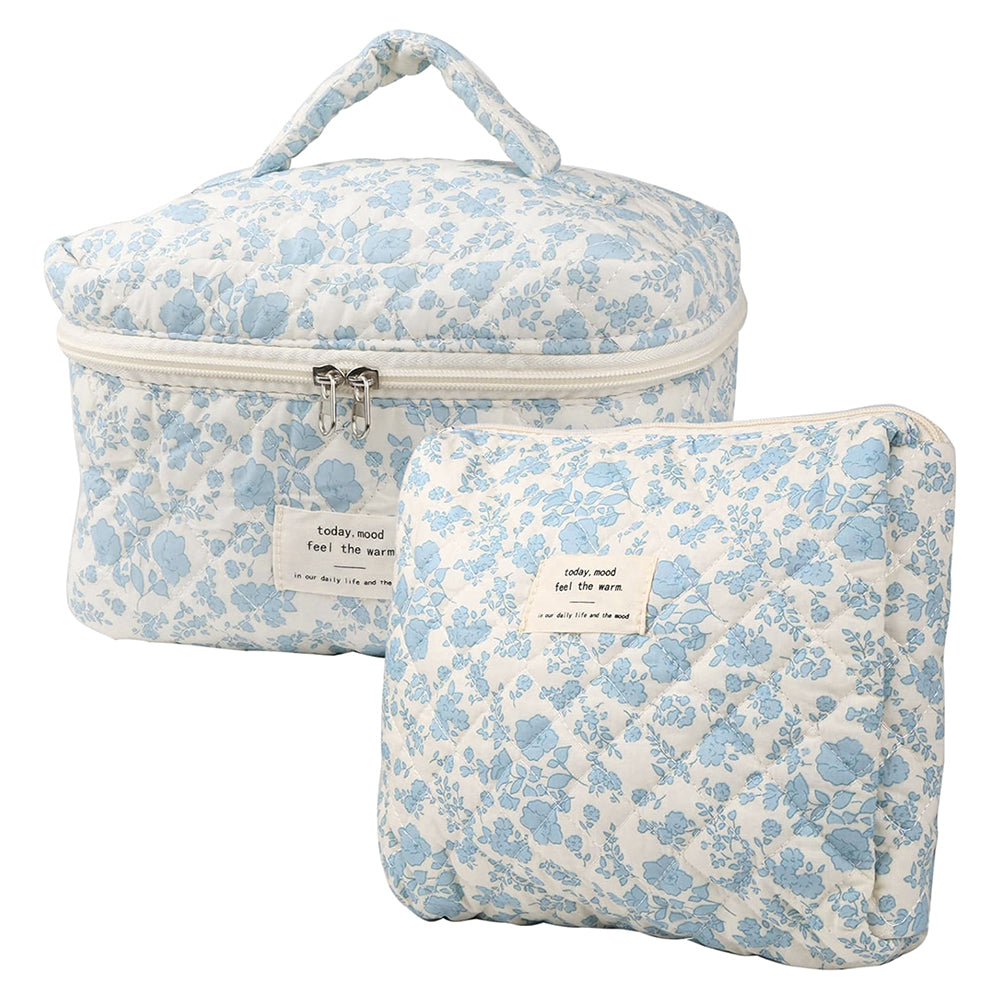 Quilted Floral Makeup Bag Set for Travel Coquette Aesthetic Cosmetic Bags (2-Piece)_1