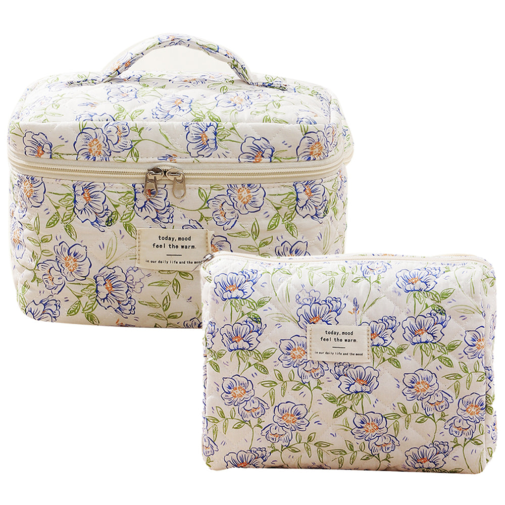 Quilted Floral Makeup Bag Set for Travel Coquette Aesthetic Cosmetic Bags (2-Piece)_2