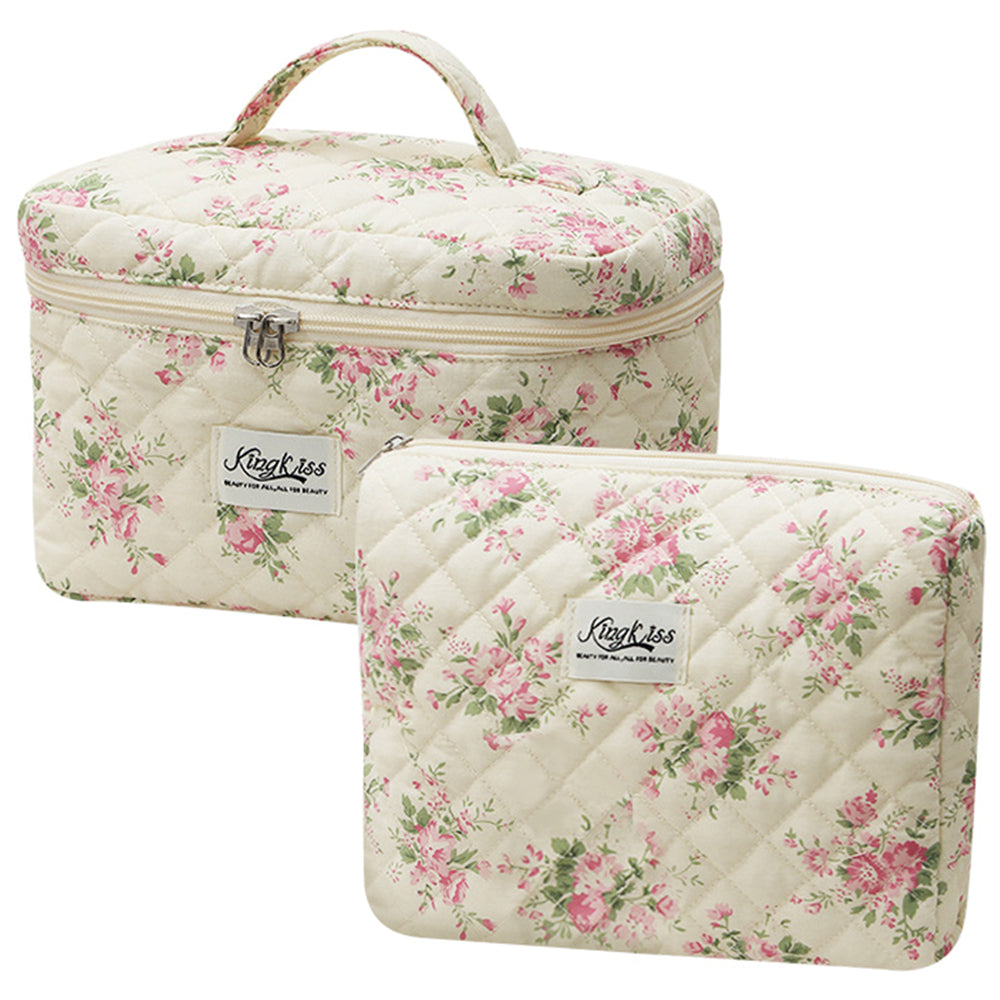 Quilted Floral Makeup Bag Set for Travel Coquette Aesthetic Cosmetic Bags (2-Piece)_3