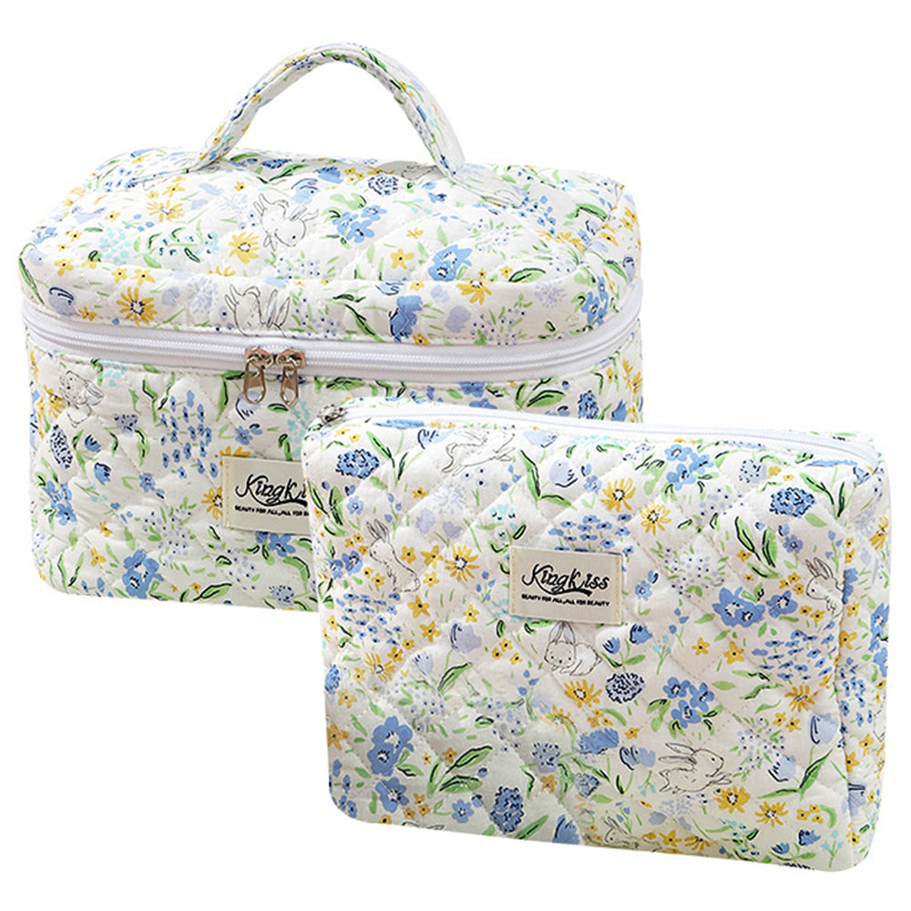 Quilted Floral Makeup Bag Set for Travel Coquette Aesthetic Cosmetic Bags (2-Piece)_4