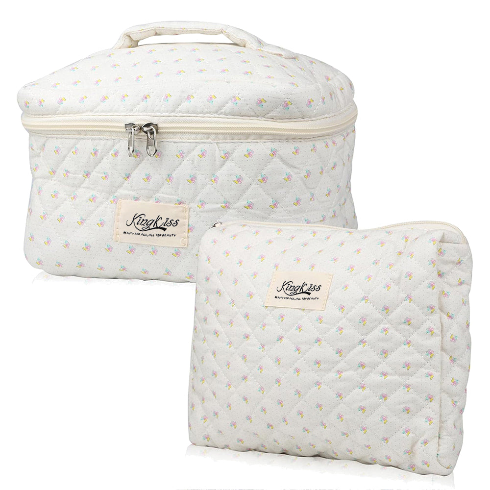 Quilted Floral Makeup Bag Set for Travel Coquette Aesthetic Cosmetic Bags (2-Piece)_6