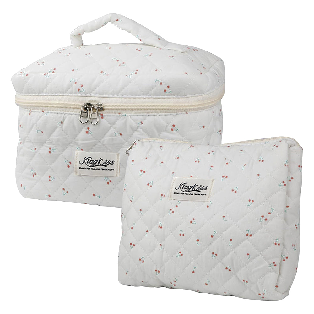 Quilted Floral Makeup Bag Set for Travel Coquette Aesthetic Cosmetic Bags (2-Piece)_7