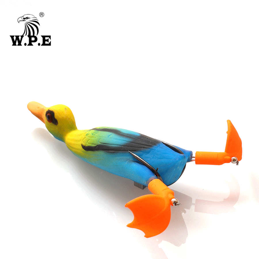 W.P.E Brand 1pcs Soft Lure Fishing Duck 18.5g TopWater Simulation Floating Artificial Bait Plopping and Splashing Feet Frog Lure